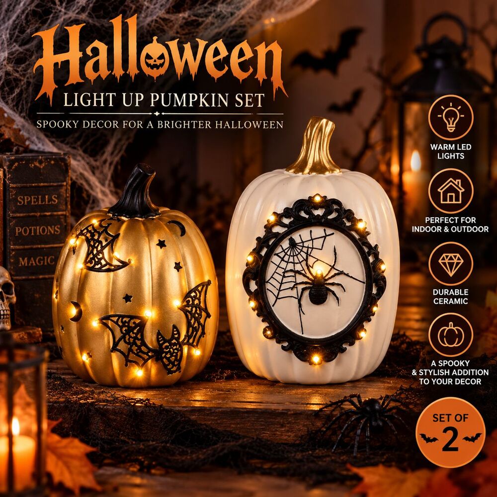 Sister Road by JG Set 2 Light Up Resin Pumpkins Halloween Fall Decor